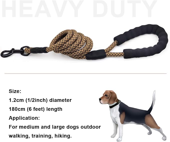 MayPaw Heavy Duty Rope Dog Leash, 3/4/5/6/7/8/10/12/15 FT Nylon Pet Leash, Soft Padded Handle Thick Lead Leashes for Large Medium Dogs (Brown, 1/2" * 6')
