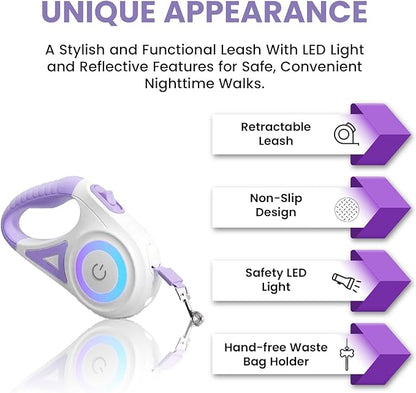 Best Dog Supplies Luminous Retractable Dog Leash with Front Safety Led Light - 360°Tangle-Free Training Leash for Ultimum Freedom with Anti Slip Handle Dogs & Cats - Purple 5M/16ft