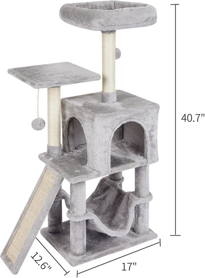 MIAO PAW Grey Cute Cat Tree for Indoor Cat Tower with Scratching Post Modern Activity House Hammock Hanging Ball Condo with Board