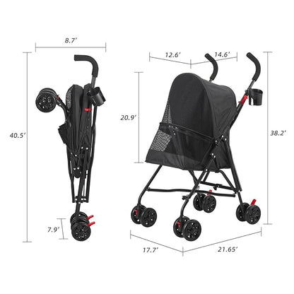 Pet Stroller Oxford Cloth Foldable Dog Strollers for Small Dogs and Cats Suitable for All Road Surfaces Wide-View Panoramic Window 4 Wheels with Brakes Portable Design, Easy to Store (Blue)