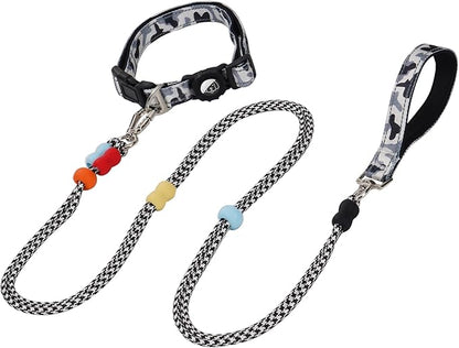 JSXD Dog Leash and Collar Set with AirTag Holder for Small Medium Large Dogs,5 FT Double Rope Leashes with Adjustable Reflective Soft Padded Nylon Pet Collars (Black, Small)