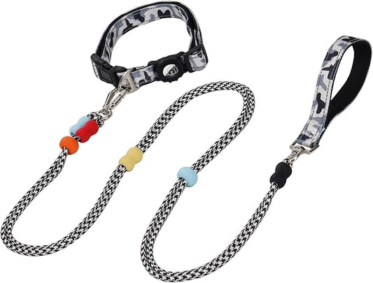 JSXD Dog Leash and Collar Set with AirTag Holder for Small Medium Large Dogs,5 FT Double Rope Leashes with Adjustable Reflective Soft Padded Nylon Pet Collars (Black, Small)