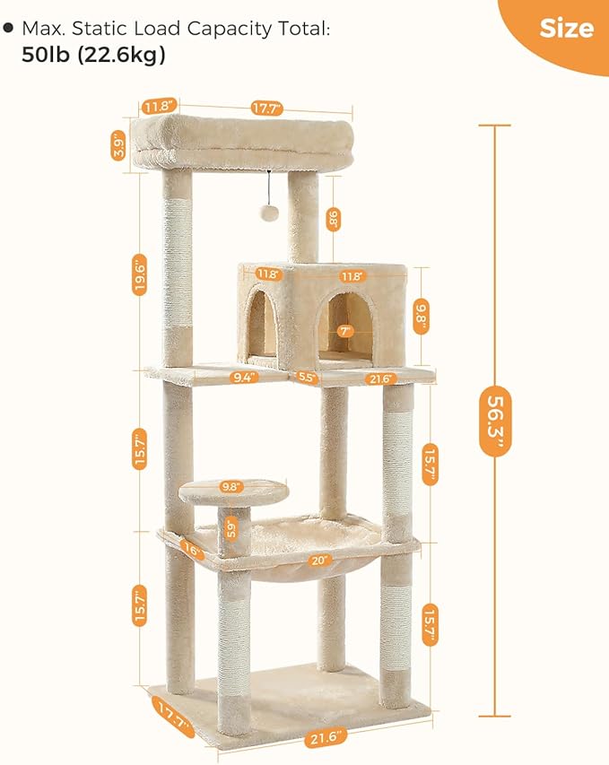 Cat Tree for Large Cats Adult with Metal Plush Big Hammock, 56.3" Cat Tower with 2 Door Condo House, 6-Tier Cat Shelves with Scratching Posts and Large Top Perch, Beige
