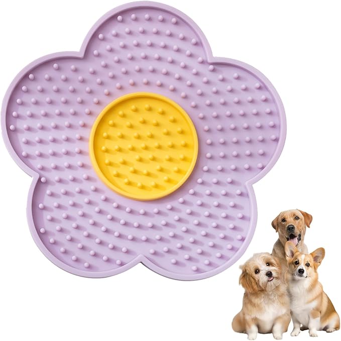 renvena Cat Lick Pad Slow Feeder Flower Shape Silicone Mat with Suction Cups for Kittens Small Dogs Easy Clean Purple One Size
