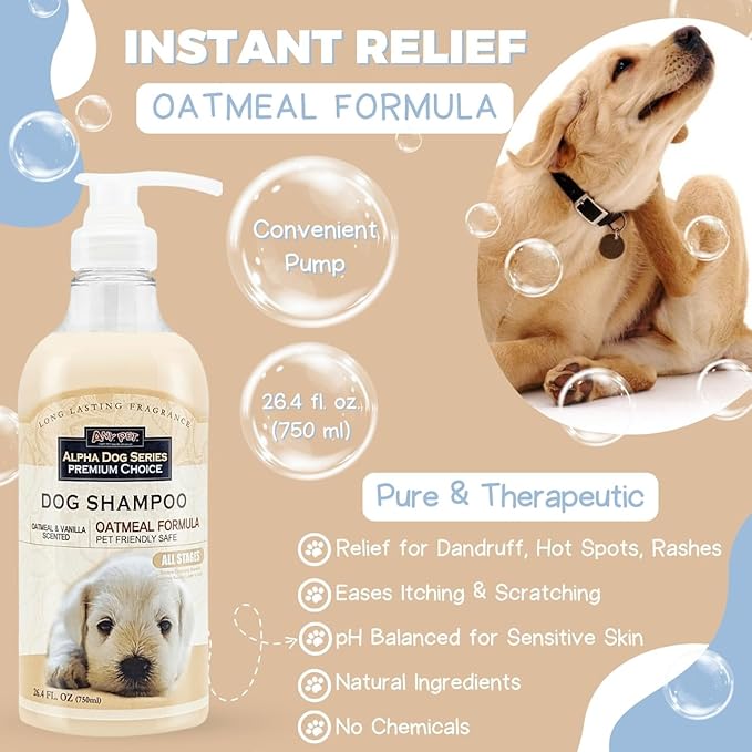 Alpha Dog Series Oatmeal Grooming Natural Dog Shampoo and Conditioner with Aloe Vera, pH balanced Shampoo for Dogs, Tear-Free, Moisturizing Dog Shampoo for Sensitive Skin - 26.4 Oz