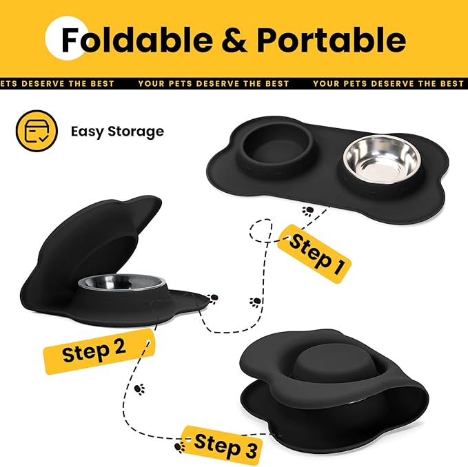 Medium Pet Feeding Station, 29oz Stainless Steel Dog Bowls Set, No Spill Food & Water Dishes with Non Slip Silicone Mat for Breeds Up to 55 Lbs,Black