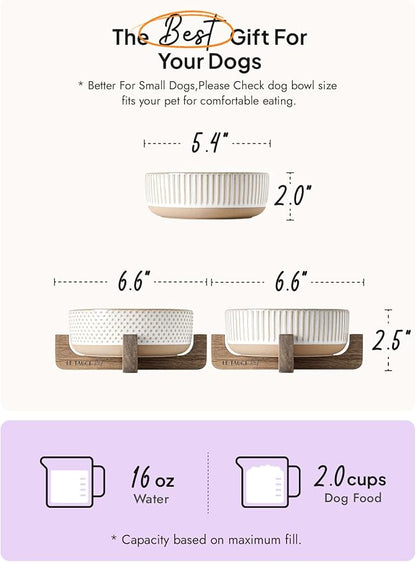 LE TAUCI PET Dog and Cat Bowl Set with Acacia Wood Stand - 2 Cup Ceramic Puppy Bowls for Cats &Small Dogs, Dual Food and Water Bowls with Weighted Non-Slip Base, Lines+Dot