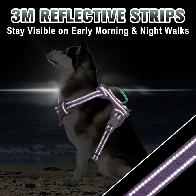 BARKBAY No Pull Dog Harness Large Reflective Dog Harness with Front Clip and Easy Control Handle for Walking Training Running with ID tag Pocket(Baby Pink & Violet Purple,M)