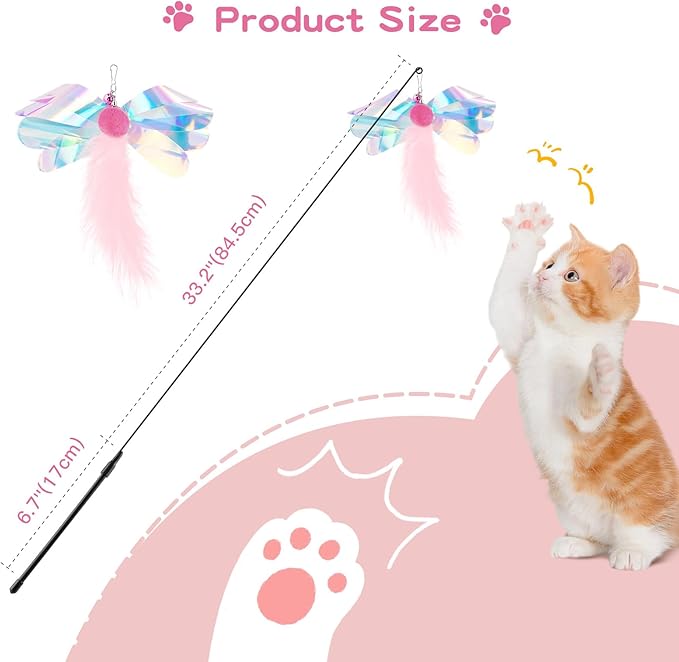 Pawaboo Feather Teaser Cat Toy, Interactive Feather Wand Cats Toy Flying Feathers Cat Catcher with Extra Long 34.5" Wand and Small Bell, Exerciser Playing Toys for Kitten or Cats, Pink Butterfly