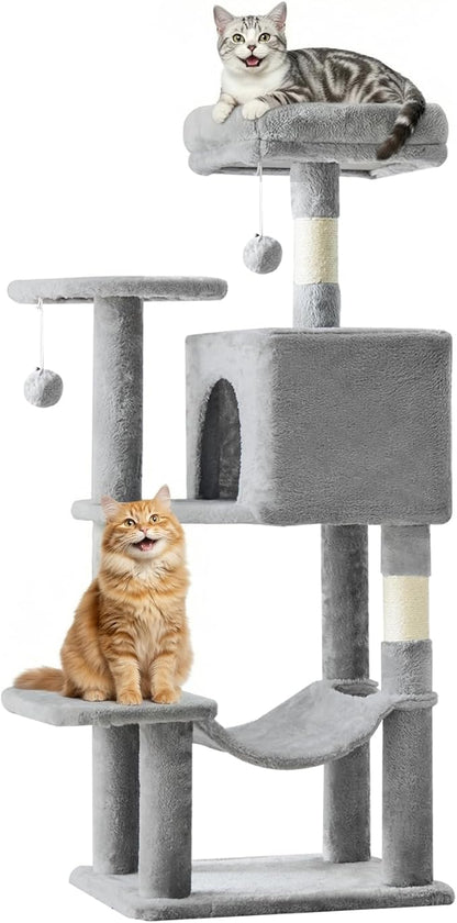DUMOS Small 44 Inch Cat Tree Tower, Cat Climbing Tower with Natural Sisal Scratching Posts, Hammock, Pet Condo for Indoor Cats and Kittens Play, Light Grey