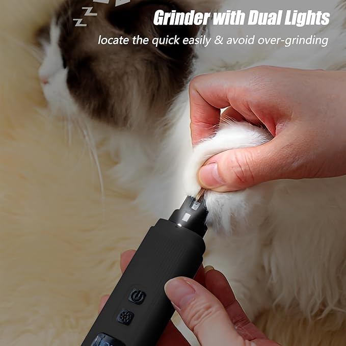 Electric Dog Nail Grinder with 2 Level LED Lights, 2 Speed Super Quiet and Low Vibration Rechargeable Pet Nail Grinder for Small Dogs and Cats - Black