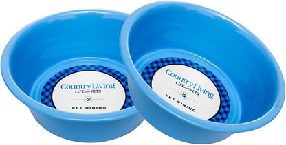 Country Living Set of 2 Non-Slip Durable Blue Powder Coated Stainless Steel Heavy Dog Bowls (32oz) - Rust Resistant, Easy to Clean, Perfect for Medium Size Breeds