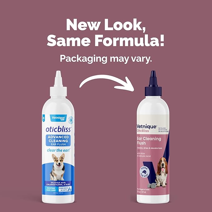 Vetnique Oticbliss Dog Ear Cleaner Flush with Odor Control, Dog Ear Cleaning Solution for Dirt and Wax with Soothing Aloe Dogs & Cats Flush - Vet Recommended for Itchy Ears (8oz, Flush)