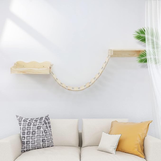 Wall-Mounted Bridge & Shelf – Multi-Functional Climbing Step with Natural Sisal Rope, DIY Feline Highway for Kittens to Large Cats Set