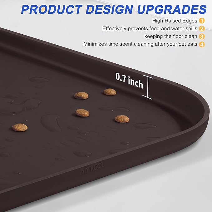 Silicone Pet Feeding Mat with Raised Edge for Food and Water, Dog Bowl Mats, Cat Bowls Placemat with High Lip for Floor Waterproof, Rubber Tray for Cats and Dogs 19 x 12 x0.7 Dark Brown