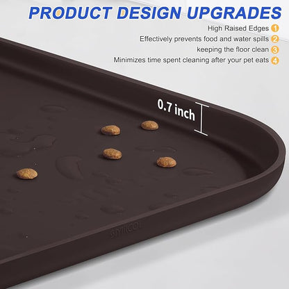 Silicone Pet Feeding Mat with Raised Edge for Food and Water, Dog Bowl Mats, Cat Bowls Placemat with High Lip for Floor Waterproof, Rubber Tray for Cats and Dogs 19 x 12 x0.7 Dark Brown