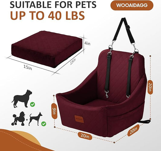 WOOAIDAGG Dog Car Seat for Medium Sized Dogs Up to 40lbs,Comfy Pet Travel Car Bed with Seat Belt Channle,Fully Detachable and Washable,Adjustable Straps,2 Side Pockets,Easy to Install (Red)