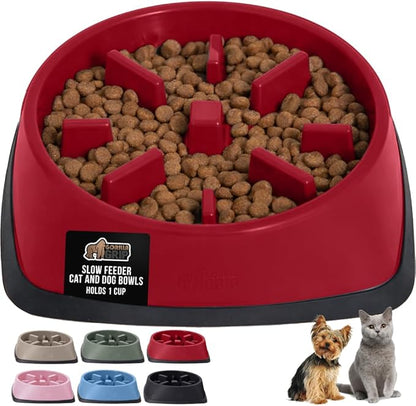 GORILLA GRIP Patented BPA Free Slow Feeder Dog Bowls, Interactive Puzzle Toy for Dogs and Cats Food Training Enrichment, Keeps Pets Busy and Prevents Puppy Overeating, Small Breeds, 1 Cup, Red