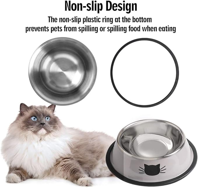 Cat Bowls for Food and Water,2PCS Rapsrk Non-Slip Stainless Steel 8 Oz Pet Bowl with Removable Rubber Base Dog Bowl,Stackable Cat Puppy Dishes Bowls with Cute Cats Painted