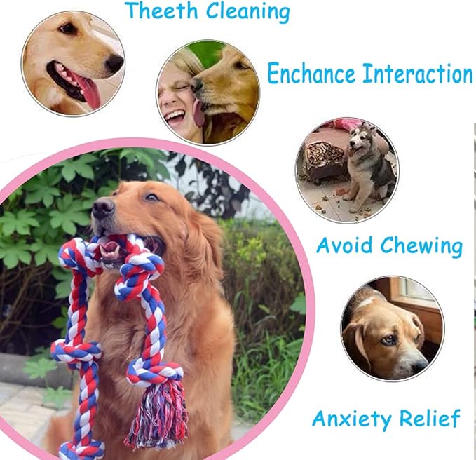 6 Knot 2 Pack 3.6 Feet Large Dog Chew Rope Heavy Duty Aggressive Chewer Durable Tough Toys Interactive Tug of War Play Outdoor Chewing Tugging Breed Pull Long Pulling Toy Pitbull, Blue&Red