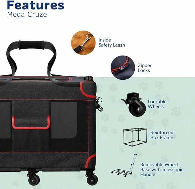 MegaCruze Rolling Pet Carrier for Medium & Large Dogs 25”x17”x20”. Lockable Wheels Zipper Locks Telescopic Handle Breathable Mesh, Removable Wheel Base, Stress-Free Travel Outdoor and Indoor