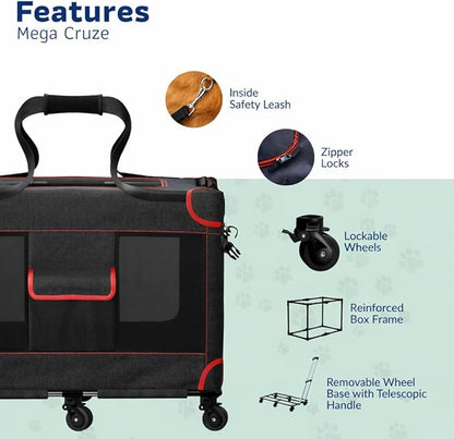 MegaCruze Rolling Pet Carrier for Medium & Large Dogs 25”x17”x20”. Lockable Wheels Zipper Locks Telescopic Handle Breathable Mesh, Removable Wheel Base, Stress-Free Travel Outdoor and Indoor