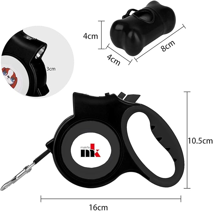 Retractable Dog Leash with LED Light Makife 5m Extendable Dog Lead for Small Medium Puppis up to 25kgs, One-Hand Brake & Lock System, Ergonomic Handle - Black