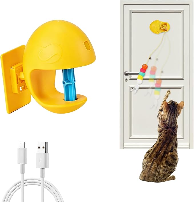 Puffluv Interactive Cat Toy for Indoor Cats, Automatic Electric Flying Bird Feather Wand Toy,Hanging Feather Wand with Stretch Cord, Rechargeable Teaser for Kittens and Adult Cats Play,Yellow