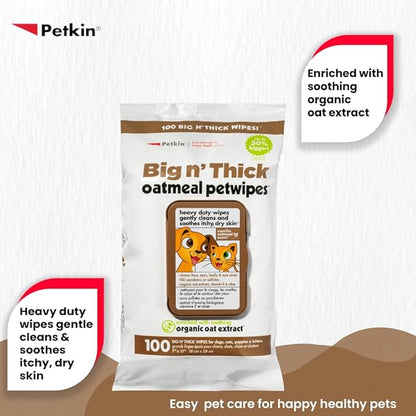 Petkin Pet Wipes for Dogs and Cats, Oatmeal, 100 Wipes (Large) for Dogs and Cats - Soothes Itchy Dry Skin and Cleans Ears, Face, Butt, Body and Eye Area - Idea for Home and Travel
