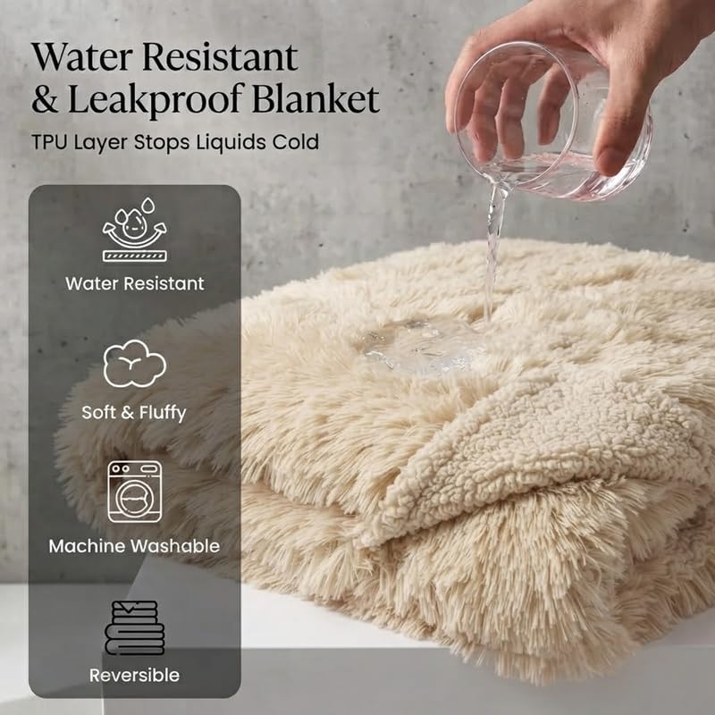 Pet Blankets Waterproof Fluffy Fleece Blanket Cat Dog Blankets Liquid Pee Proof Throw Blanket Reversible Furniture Protector Cover Washable for Couches Beds Sofa,65"x57" Beige - Image 3