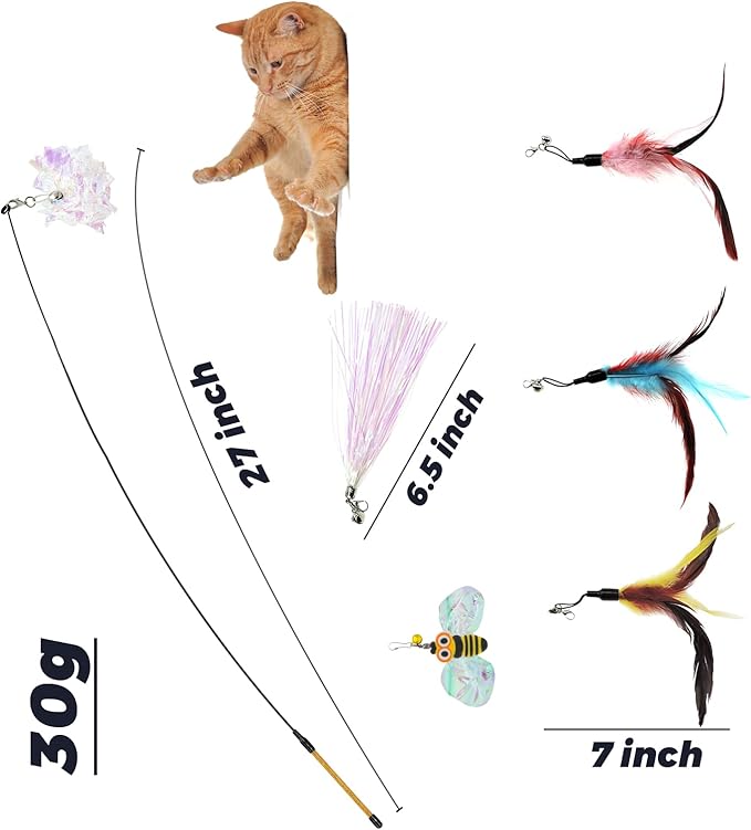 Andiker Cat Wand Toy with 2 PCS 12 Inches Replaceable Colorful Rainbow Tassels and Little Bells Funny and Interesting Cat Toys for Indoor Cats Keeping Fit (6 Replacements, Count, 7)