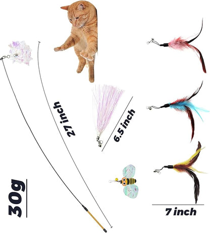 Andiker Cat Wand Toy with 2 PCS 12 Inches Replaceable Colorful Rainbow Tassels and Little Bells Funny and Interesting Cat Toys for Indoor Cats Keeping Fit (6 Replacements, Count, 7)