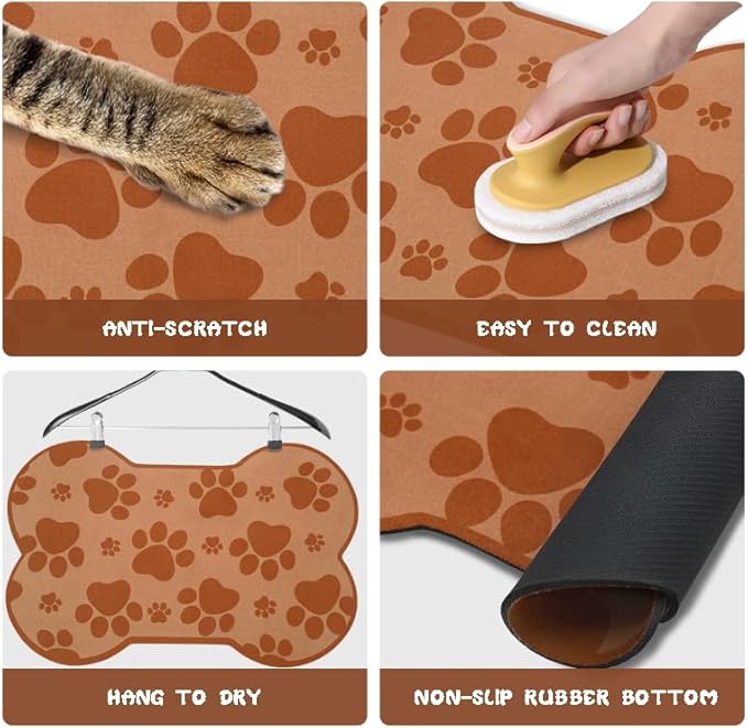 Dog Food Mats for Floors Waterproof, Pet Feeding Absorbent Water Bowl Mat Cat Placemats Brown Bone Shape 25.5 * 17 inch