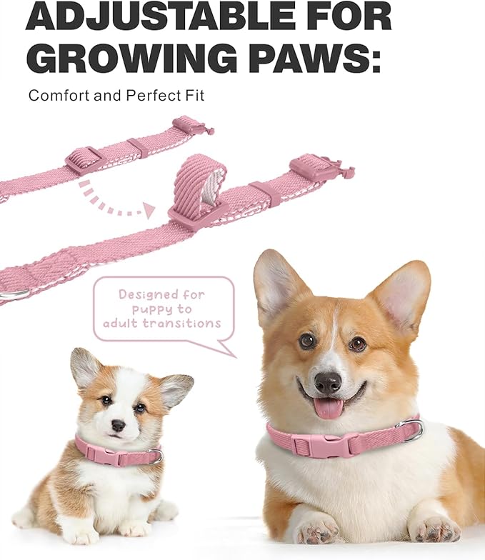 Dynmeow Soft and Breathable Cotton Dog Collar, Durable Adjustable Female Girl Pet Collar with Quick-Release Buckle, Lightweight for Sensitive Skin for Small and Medium Dogs, Pink, S