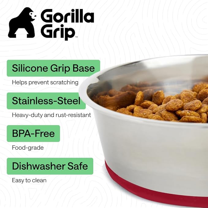GORILLA GRIP Dog Bowls, Food Grade 304 Stainless Steel, Holds 6 Cups Each (48 fl oz) Food and Water Bowl for Feeding Dogs and Cats, Dishwasher Safe, Rust Resistant, BPA Free Rubber Base Set of 2 Red
