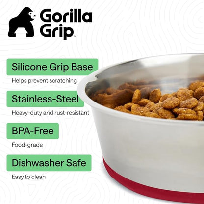 GORILLA GRIP Dog Bowls, Food Grade 304 Stainless Steel, Holds 6 Cups Each (48 fl oz) Food and Water Bowl for Feeding Dogs and Cats, Dishwasher Safe, Rust Resistant, BPA Free Rubber Base Set of 2 Red