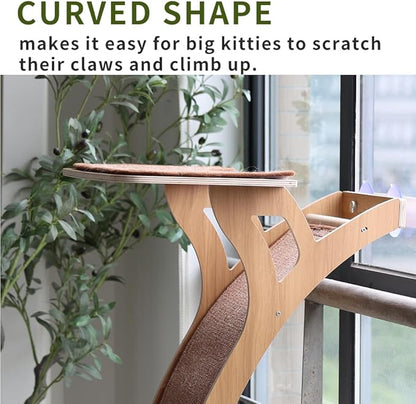 JKXJKX 47" Floor Standing Cat Window Perch with Curved Scratching Ramp, 80 Lbs Heavy Duty Window Bed Seat with Suction Cups, Climbing Tree Furniture for Indoor Cats Bird Watching