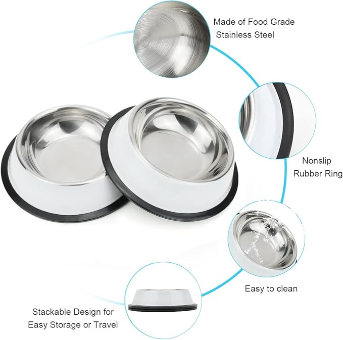 Stainless Steel Dog Bowls, Food and Water Non Slip Anti Skid Stackable Pet Puppy Dishes for Small, Medium and Large Dogs (2 Pack)