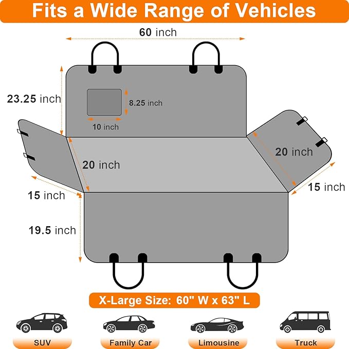 ELONGRIVER Dog Car Seat Cover for Back Seat Hammock 600D Waterproof Car Seat Protector for Dogs with Anti-Slip Scratch Proof Dog Seat Cover for SUV Truck Black with Orange X Large Size
