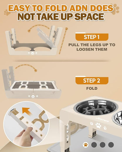 Elevated Dog Bowls for Medium Size Dogs with Mat, Non-Slip Dog Feeder with 1*Stainless Steel Dishes & 1*Slow Feeder Bowl, 5 Heights Adjustable Raised Bowls for 3.15″-8.66″-9.84″-11.02″-12.2″