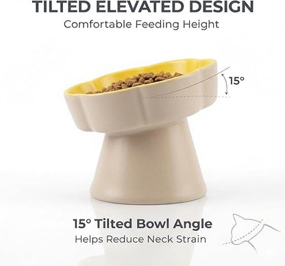 Ceramic Elevated Slow Feeder Cat Bowl, Raised and Gently Tilted Feeding Dish with Maze Design, Whisker-Friendly, Easy to Clean, for Indoor Cats and Small Dogs (Beige/Yellow)