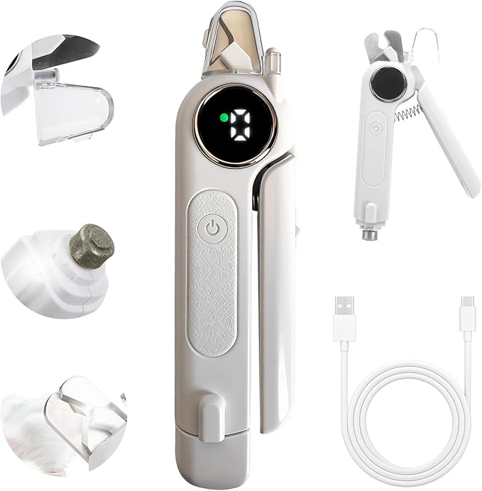 2-in-1 Dog Cat Nail Grinder & Clipper with LED Light, Pet Nail Clippers for Large Medium Puppy Dogs Ultra Quiet, Dog Cat Nail Trimmers with Splash Guard, Electric Dog Cat Claw Care File (White)