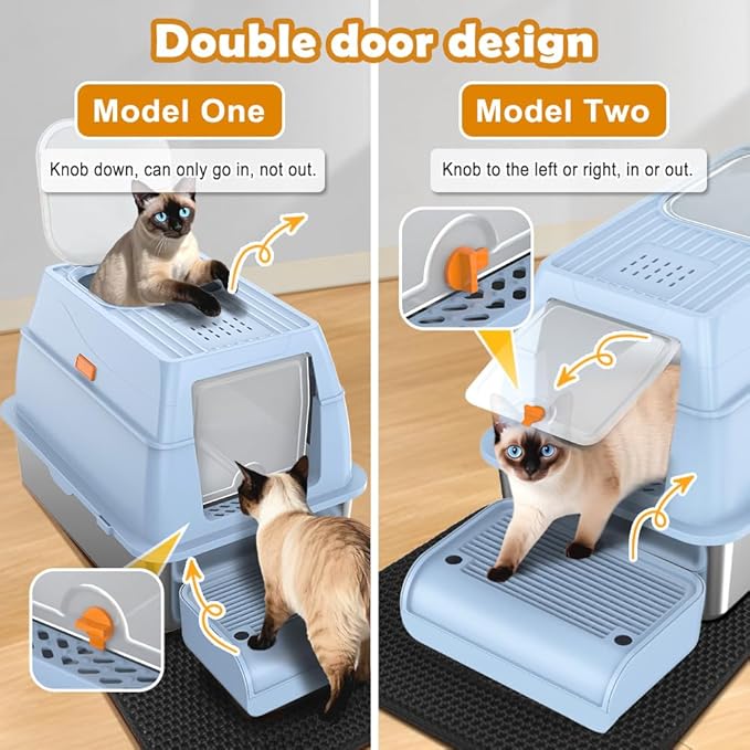 Vivifying Stainless Steel Litter Box with Lid, XL Front Entry Enclosed Extra Large Litter Box for Big Cats & Kitty, Top Exit Metal Cat Pan with Scoop, Mat, Step, Charcoal Filter (Blue)