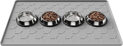 Pieviev 34''x22'' Dog Cat Food Bowl Mat, Silicone Waterproof Food Grade Pet Food Mat for Floor, High Raised Edge to Prevent Spills, Non-Slip & Easy Clean Pet Placemat for Dog & Cat Bowls, Light Gray