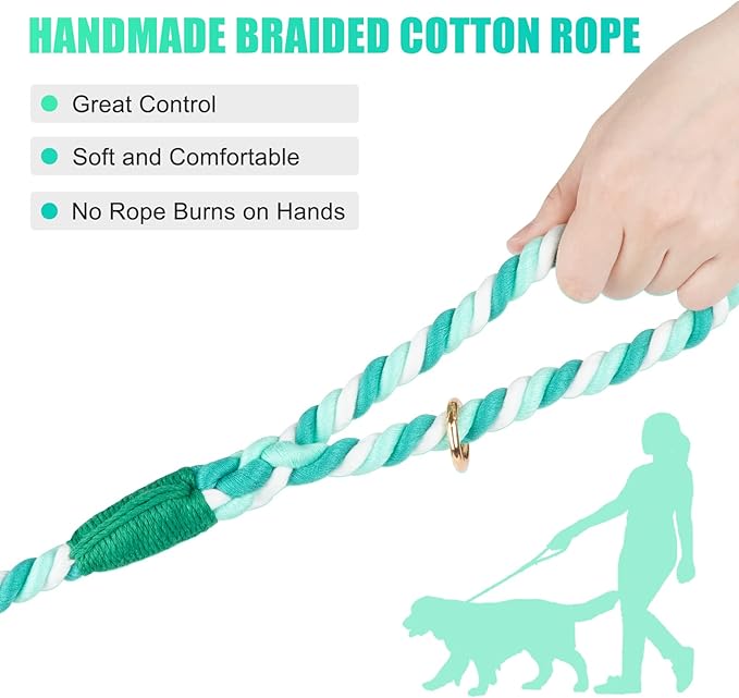 Dog Leash 6 FT Handmade Braided Cotton Rope Leashes for Small Medium and Large Dogs, New Golden Heavy Duty Metal Clasp, Moss Green