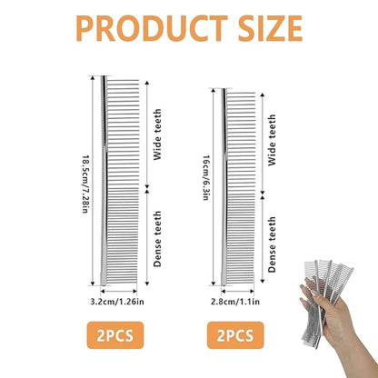 4 Pcs Stainless Steel Pet Comb Set, Dematting Grooming Tool for Dogs and Cats, Medium and Small Size Combs for Daily Home Detangling Long Short Animal Hair, for Pet Owner and Home Grooming