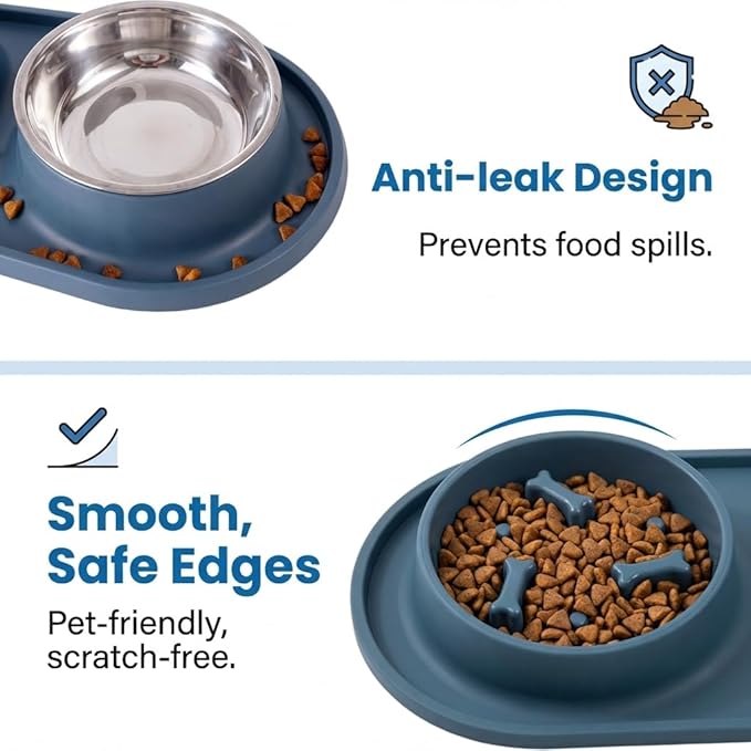 Slow Feeder Dog Bowls, 2-in-1 Dog Slow Feeder Bowl with Stainless Steel Water Bowl, Anti-Slip Non-Spill Puzzle Feeder for Dogs Cats, Bloat Prevention Set for Puppies & Large Breeds