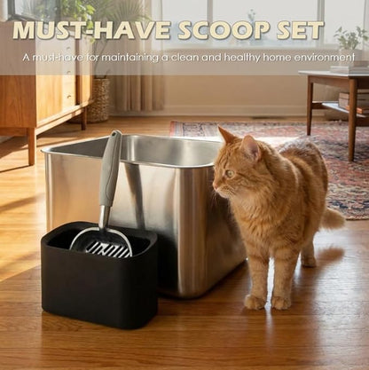 Metal Cat Litter Scoop with Holder, Aluminum Cats Litter Scooper Captures All Clumps, Heavy Duty Metal Kitty Scoopers with Holder, Cat Metal Scoop and Holder (Black)