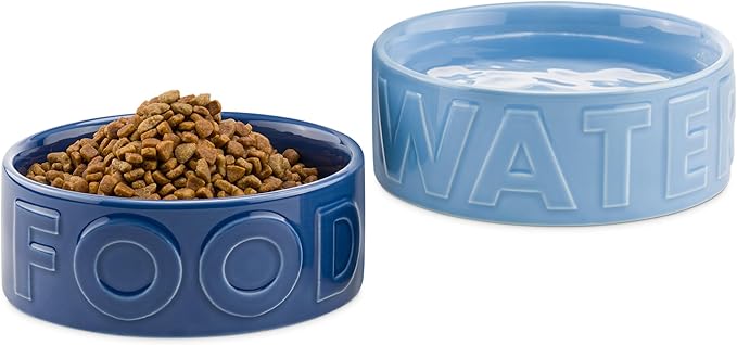 Navaris Dog Food and Water Bowl Set - 16 cm (6.3") Ceramic Bowls for Medium and Large Dogs or Big Cats - 700 ml (23.7 oz) Feeding Dish - Light Blue/Dark Blue