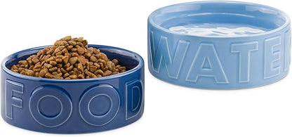 Navaris Dog Food and Water Bowl Set - 16 cm (6.3") Ceramic Bowls for Medium and Large Dogs or Big Cats - 700 ml (23.7 oz) Feeding Dish - Light Blue/Dark Blue